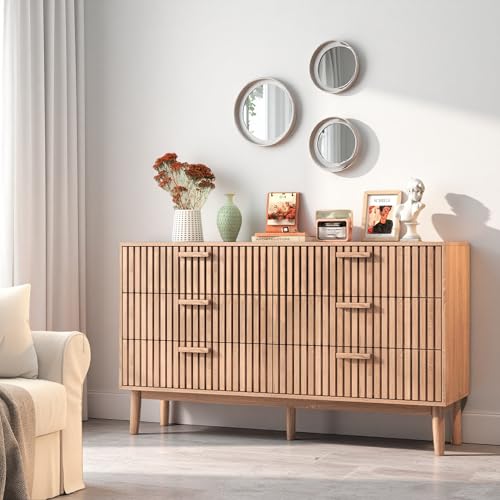 Yeutre Commode 6 tiroirs 100 cm Commode Chambre Meuble de Rangement en Bois Effet cannelé, pour Salon, Chambre à Coucher, Bureau (Bois-6 Tiroirs, 100l x 34P...