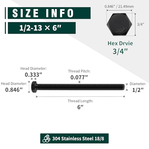 Image of 1 /2-13 x 6 Hex Head Bolts Black, 304 Stainless Steel 18-8 Hexagon Head Screws Bolts, Black Oxide Finish, Allen Hex Drive, 4 PCS