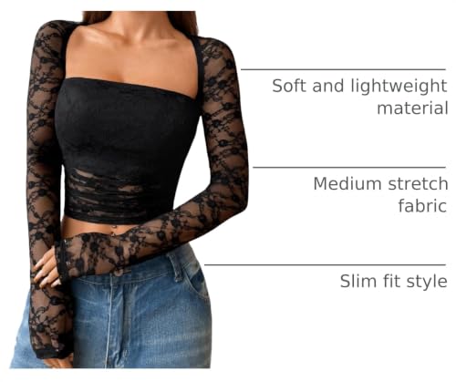 Image of RoseSeek Women's Lace Sheer Mesh Ruched T Shirt Square Neck Long Sleeve Slim Fit Crop Tops