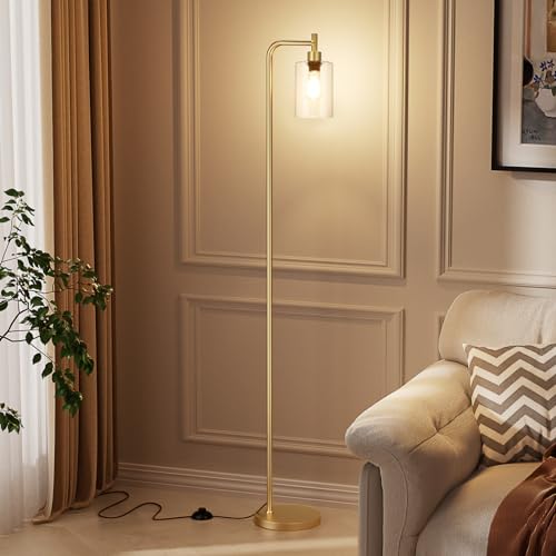 Image of Ziisee Floor Lamps for Living Room - Industrial Floor Lamp with Glass Shade, Modern Gold Floor Lamp with LED Bulbs, Farmhouse Floor Lamp for Bedroom, High Lamp for Office - Gold