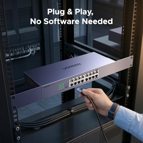 Image of UGREEN 16 Port Gigabit Switch, Rackmount Plug & Play Ethernet Switch, 4 Mode, Unmanaged Network Splitter for Office & Business, Metal Fanless Desktop & Wall Mount Hub for NAS, PC, Printer, Router