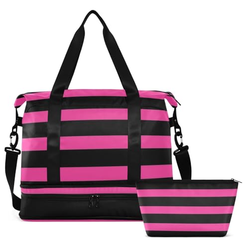 Black and Pink Rule Lines Duffel Bag Weekender Travel Overnight Bag with Toiletry Bag for Hiking Large Capacity2