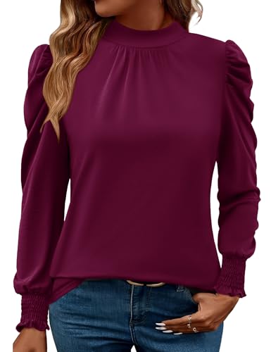 Image of LUYAA Puff Long Sleeve Shirts for Women Tops Dressy Casual Frill Mock Neck Smocked Cuffs Blouses
