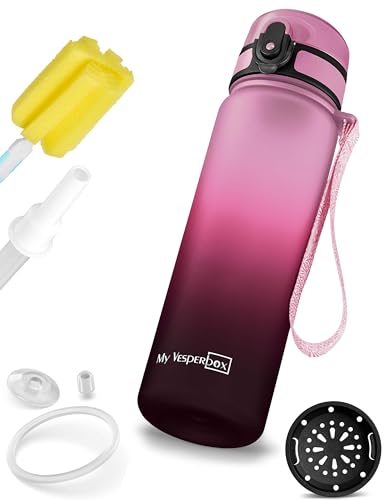 My Vesperbox Minny – Botella para niños a prueba de fugas, 350 ml, 500 ml, 750 ml, con pajita o colador, sin BPA, para guardería, escuela (color rosa, liga y negro, 750 ml)