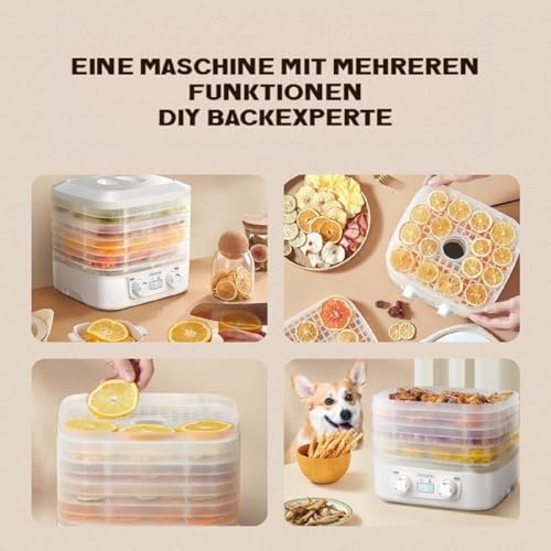 UUE Dörrautomat, 160W Dörrgerät mit 5 Einlegefächer, Dörrautomaten(35-70°C) Temperatur Einstellbar, 48h-Timer Dehydrator, 360° Umwälztrocknung Trockner für Fleisch,Obst,Haustier-Leckereiene, bpa-frei – Bild 3