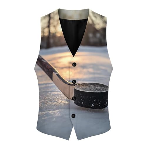 Hockey Puck And Stick Sliding Across The Ice Men's Suit Vests Dress Vest V-Neck Waistcoat Slim Business Formal with Pocket4