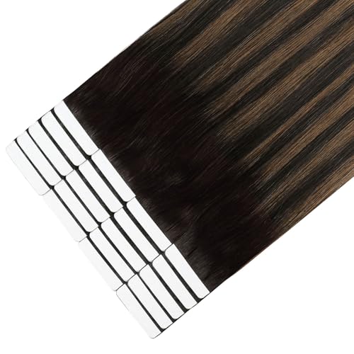 Image of Sixstarhair Brown Tape In Hair Extensions Human Hair Chocolate Brown Highlighted Caramel Blonde Tape In Extensions Brown Balayage Tape Hair Extensions Human Hair 50g 20pcs [P2 /6 /2 20inch]