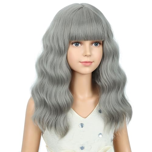 Image of PATTNIUM Gray Wig Short Curly Wigs with Bangs Grey Shoulder Length Wavy Heat Resistant Synthetic Wig