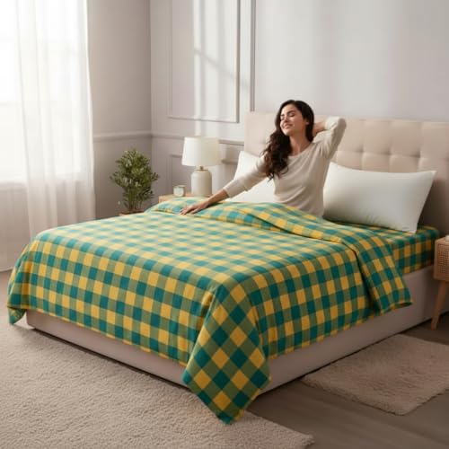 Image of Hornbill Enterprises 100% Pure Cotton Blanket /Single Size Solapur Cotton Chaddar /Bedsheet /Reversible Blanket for Daily use (60x90 inches) Set of 1 (Yellow Green)