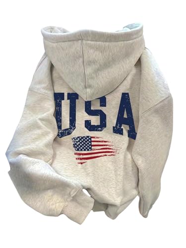 GORGLITTER Womens USA Graphic Printed Street Wear Preppy Y2K Hoodies Fall Vintage Long Sleeve Preppy Hooded Sweatshirt Light Grey X-Large