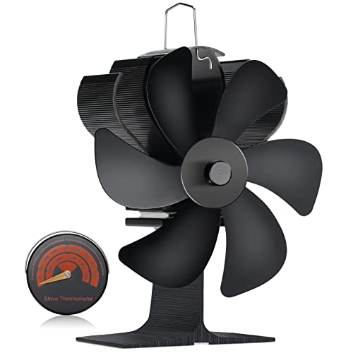 Heat Powered Stove Fan with Magnetic Thermometer, 6 Blade Wood Stove Fan, Ultra Quiet Non Electric Fireplace Fan for Wood Burner Stove  Log Burner Fireplace