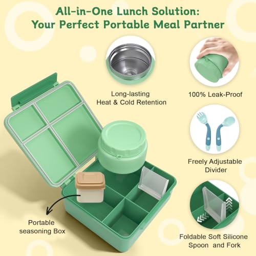 Image of Kids Lunch Box 4 Compartment Bento with 8oz Food Jar,Green