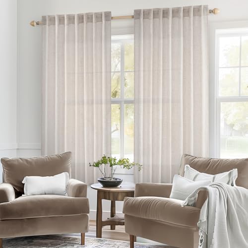 MIULEE White Short Linen Curtains 45 Inch Length 2 Panels for Kitchen Bedroom Bathroom, Soft Thick Linen Textured Natural Basement Window Drapes Semi Sheer Light Filtering Back Tab Rod Pocket