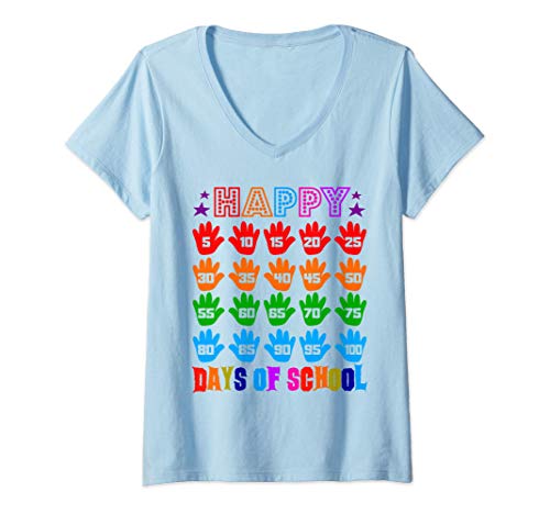 Donna Happy 100 Days Of School Teacher Student palm hand Gift Maglietta con Collo a V