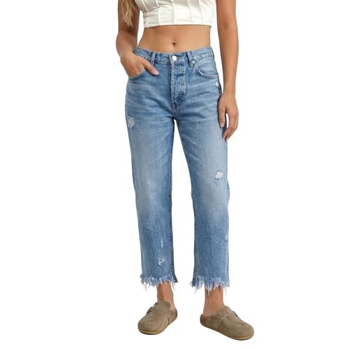Jean droit délavé femme à taille haute en denim classique