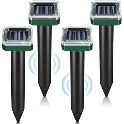 Pack of 4 Solar Mole Repellent Sonic Gopher Repellent Vole Chaser Mole Deterrent Sonic Spikes Rodent Repellent Ultrasonic Pest Control Outdoor Keep Moles Out of Yard Lawn Cover