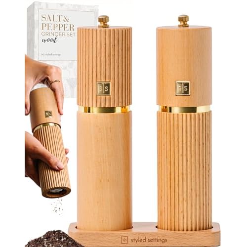 Styled Settings Wooden Salt and Pepper Grinder Set with Gold Accents – Refillable Wooden Manual Salt and Pepper Mill Set with Adjustable Ceramic Mills & Matching Wood Stand – Ideal for Gifting