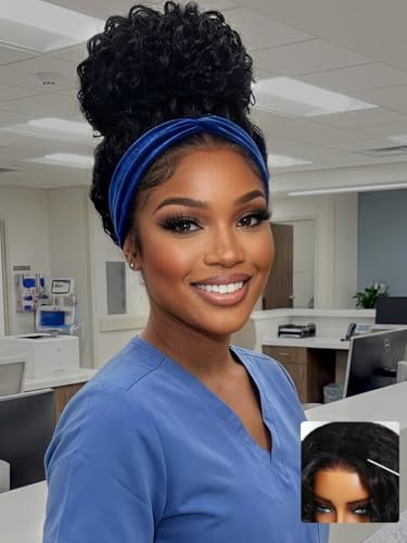 Image of KLAIYI Water Wave 3 In 1 Flip Over 3 /4 Half Wig Human Hair Curly Flip Over Seamless Blend Edges Glueless Wear and Go Drawstring Headband Clip In Wigs for Women Ready to Go Wig Beginner Friendly 16Inch