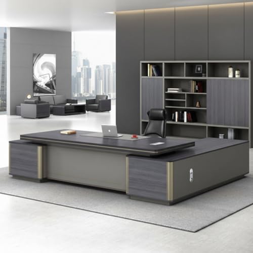 Image of Premium Modern L-Shaped Director Table with Matte Grey Wood Finish, Built-in Wire Managert & Executive Contemporary Design (LDL-762 MDFL L6W3)