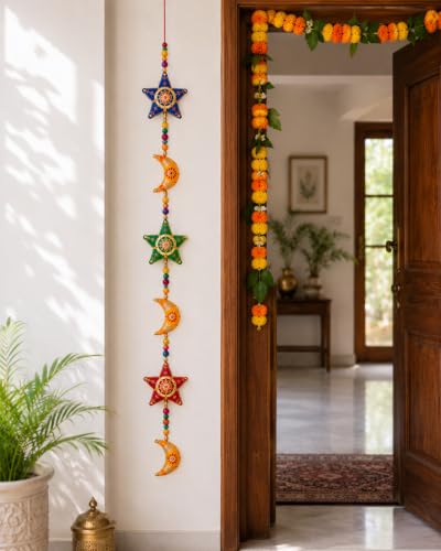 Image of Bindian Toran for Main Door, Decorative Door Thoranam Hanging, Diwali Decoration for Home Entrance, Wall Decor Hanging Ornament, Traditional Festive Welcome Decor for House (Star Moon Pack of 2)
