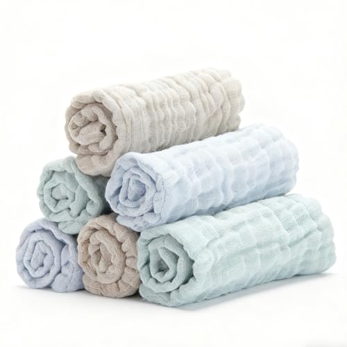 Image of Bear Rocket Organic Muslin Baby Washcloths 6 Pack Baby Bath Face Towel 12x12 Inch Extra Absorbent and Soft Burp Cloth and Wash Cloths for Newborn-Infants On Sensitive Skin (Blue Green Brown)