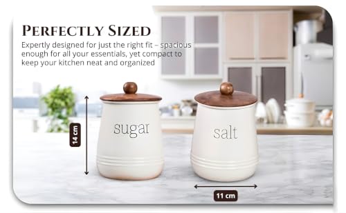 Image of Stylish Airtight Container for Kitchen, Sugar & Salt Storage,White, Metal with Wooden Lid & Spoon, 1000ml, Canister for Kitchen Counter top | Food-Safe Jar Set of 2 (Sugar & Salt)