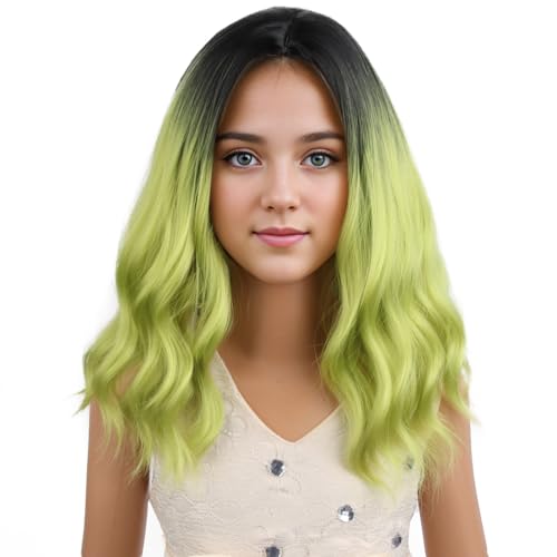 Image of PATTNIUM Kids Ombre Green Wig Child Girls Short Cury Bob Wig Black to Green Wig Matcha Green Wig Synthetic Wig wtih Wig Cap