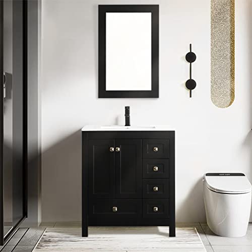Eclife 30'' Bathroom Vanities Cabinet With Sink Combo Set, Undermount Ceramic Sink With Thickened Wood, Matte Black Faucet, High-Definition Mirror, Black #TOP18
