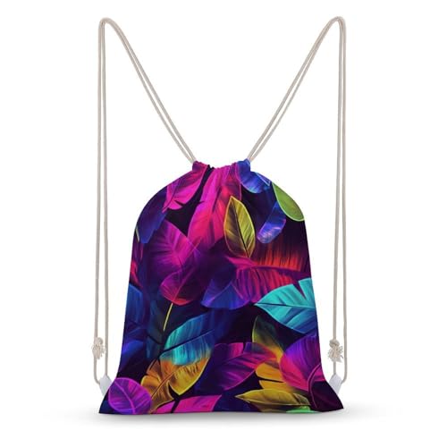 Neon Colors Tropical Leaves Drawstring Backpack Canvas String Bag Lightweight Sports Gym Bag for Men Women