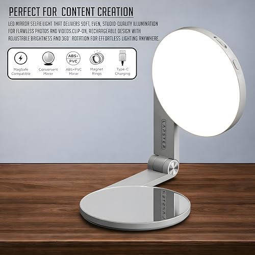 Image of Lapster Luma Nano Magnetic Selfie Ring Light with Makeup Mirror, 3 Color Modes, 360 Rotatable, Type-C Rechargeable, for Phone, Laptops, Tablets & Other Gadgets