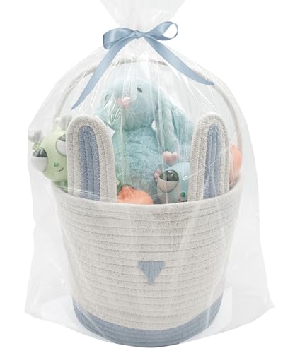 ZWHTB Large Woven Easter Baskets for Boys & Kids - Empty Basket with Gift Bags and Ribbons Cute Easter Decorations Bunny Ears Designs Blue