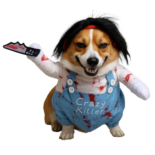 Valicaer Halloween Hundekostüm Chucky,Hund Schreckliches Kostüm Lustiges Haustier Kostüm für kleine bis große Hunde und Katze, Party- und Cosplay Anzug Dog Killers (S)