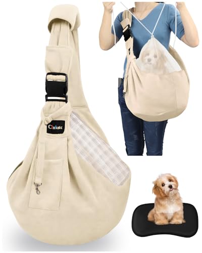 CHMKSTC ペットスリング ペット バッグ 抱っこ紐 犬猫兼用 小型犬 キャリーバッグ 肩パッド 底板付き メッシュネット 飛び出し防止用ストラップ付 安全ロープ付き 調節可能 ポケット付き 斜めショルダーバッグ お出かけ抱っこ 13キロまで対応 (オフホワイト)