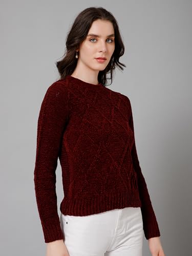 Image of Cantabil Self Design Maroon Round Neck Full Sleeves Regular Fit Women Casual Sweater | Casual Winter Sweater for Women | Ladies Sweater for Winter Wear (P LSWT00071 Maroon)