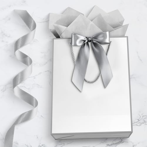 Image of JMANNI Gift Bag, 2PCS Gift Bags Large with Ribbon and 2 Greeting Cards 4 Tissue Paper, Portable Paper Gift Bag with Handles, Birthday Gift Bags,Present Bags for Wedding Party Mothers Day(White-Sliver)