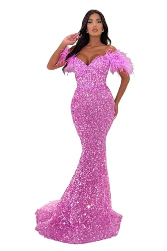 Image of Sequin Feathers Mermaid Prom Dresses 2026 Off Shoulder Sparkly Long Formal Evening Party Gowns with Train