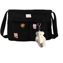 DKIIL NOIYB Kawaii Canvas Crossbody Bag With Pins and Bear Pendant, Multi Pocket Shoulder Messenger Bag For School Teens