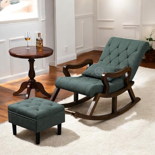 Image of Solid Sheesham Wood Rocking Chair for Living Room with Footrest and Pillow | Ergonomic Resting Chair with Ottoman for Relaxing and Pregnant Women (Green)