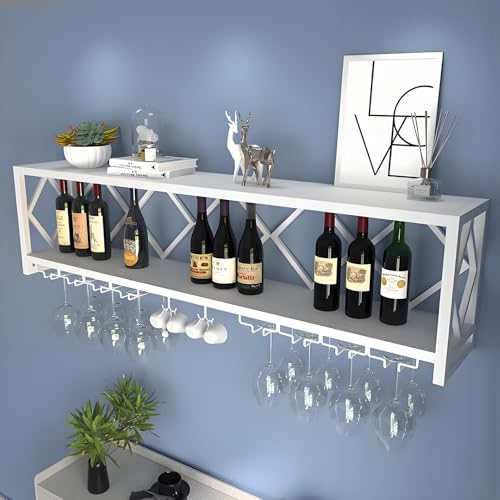 Étagère à vin murale blanche 100cm avec porte-verres pour bar