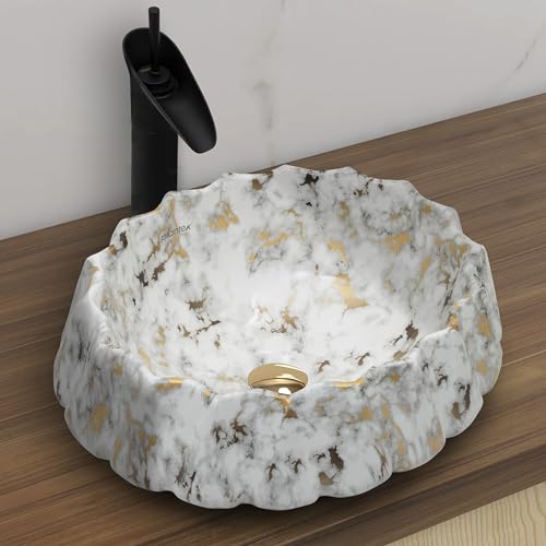 Image of Plantex Ceramic Basin for Bathroom /Table Top Wash Basin /Washbasin for Living Room, Restaurant (Marble Finish, 17 x 15 x 6 Inch)