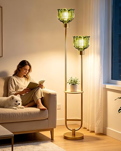 Image of Modern Glass Floor Lamp with Shelf 2-Lights Gold Floor Lamp with Green Glass Shade, Mid Century Standing Tall Lamps with Foot Switch for Living Room Bedroom Home Decor (Bulbs Included)