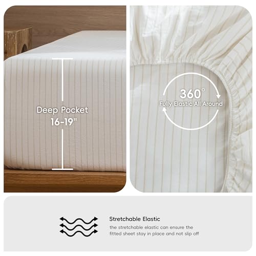 Image of MooMee Striped Sheet Set 100% Washed Cotton Linen Like Queen