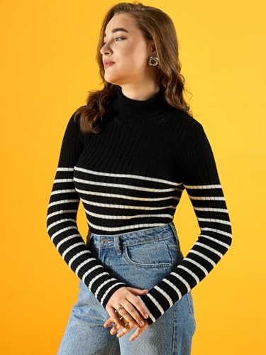 Image of 98 Degree Women Pure Cotton Turtle Neck Sweater Has A Full Sleeve & Straight Hem-AW25AZG1157-BLACK