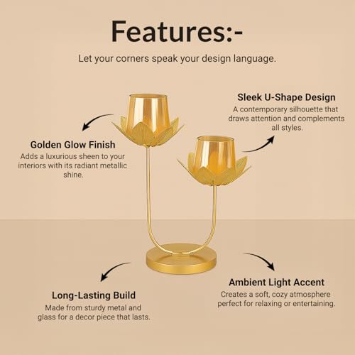 Image of MARKET 99 Metal + Glass 2 Votive T-Light Holder | U-Shaped Golden Candle Stand for Christmas, Diwali, Birthdays & Weddings | Elegant Home & Festive Ambient Decor Lighting