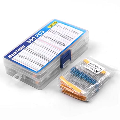 MelkTemn 500 Pcs Resistor Kit - 25 Values, 0.5W, 1% Tolerance, 1 Ohm - 1M Ohm, RoHS Compliant