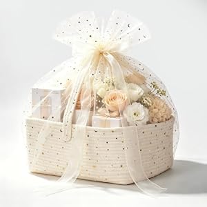 Large Woven Basket for Gifts Empty, Storage Basket 15″ x 11″ x 6.5″ with Glitter Tulle, Ribbon and Card Paper, One-Handle Design, DIY Time for Holiday Gifts, Baby & Pet Toys, Graduation – White