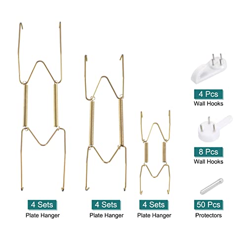 Image of uxcell 12 Pieces Plate Hanger, 4 6 8 Inch Stainless Steel Invisible Wall Plate Hangers with 12Pcs Wall Hooks and 50Pcs Protectors for Decorative Plates, Gold