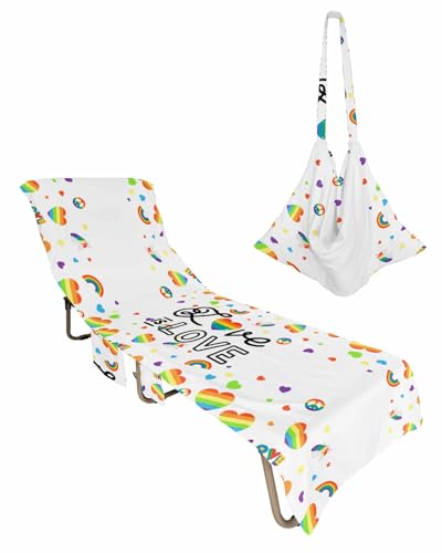 Colorful Love Heart Beach Lounge Chair Towel Cover, Soft Chaise Lounge Towel with Side Pockets Patio Pool Chairs Cover for Beach/Pool Sunbathing 29x85 Watercolor Modern Striped Art