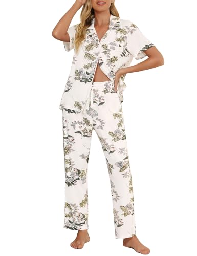 Image of Senert Womens 2 Piece Pajamas Set Button Down Top and Pants Soft Sleepwear | Short Sleeve Lounge Sets with Pockets, Maternity / Nursing /Postpartum Pjs Set, Bride Pjs Set for All Seasons