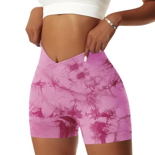 Image of Vertvie Women's Seamless Gym Shorts V Waist Scrunch Bums Ruched Booty Shorts for Workout Running Cycling Activewear Yoga Sports (1pc-Tie Dye Pink,S)